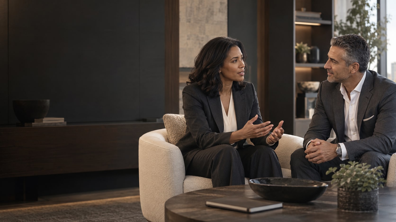 Illustrative scene of two professionals listening and discussing their business in a quiet office lounge.
