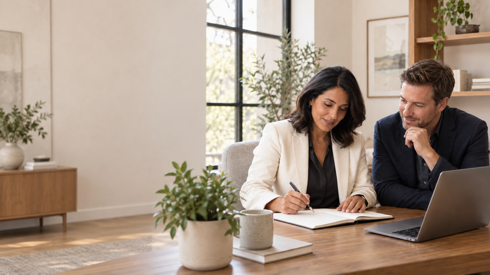 A woman and a man working through a business plan at a desk in a spacious, sunlit office.