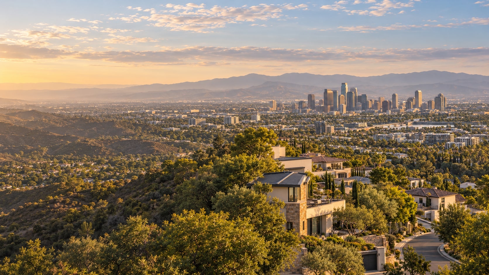 A panoramic western U.S. landscape connecting leafy residential neighborhoods with a distant city skyline.