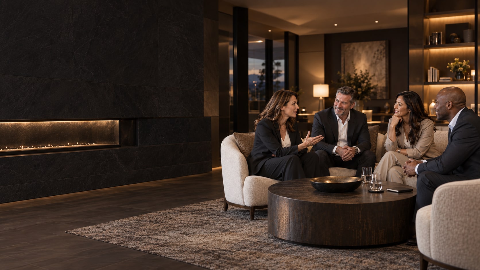 Illustrative scene of four professionals, two women and two men, sharing a relaxed conversation in a warm meeting lounge.